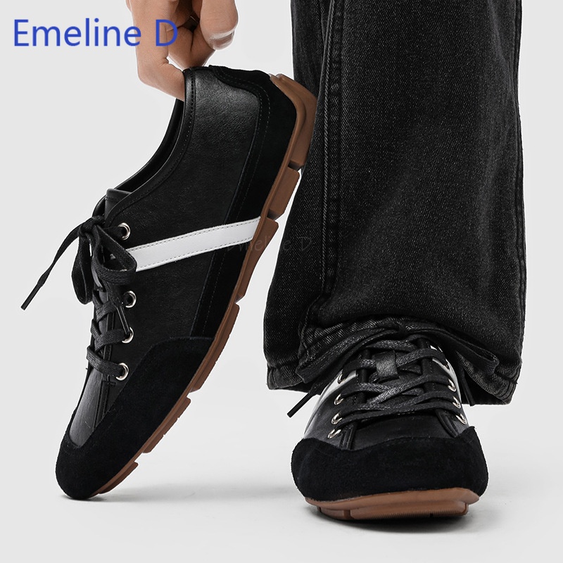 Street Fashion Walking - รองเท้าผ้าใบผู้ชายสไตล์มินิมอลย้อนยุค หัวเหลี่ยม หนังกลับ ตกแต่งลายแถบด้านข้าง ใส่สบาย สไตล์วินเทจ