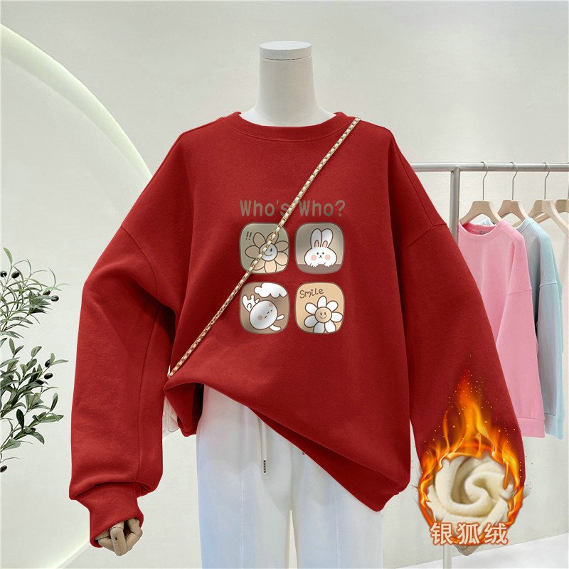 Oversized Crewneck Fleece - เสื้อสเวตเชิ้ตคอกลมสไตล์ลำลองสำหรับผู้หญิง บุผ้าฟลีซ ใส่สบาย ทรงหลวม เหมาะสำหรับฤดูใบไม้ร่วงและฤดูหนาว
