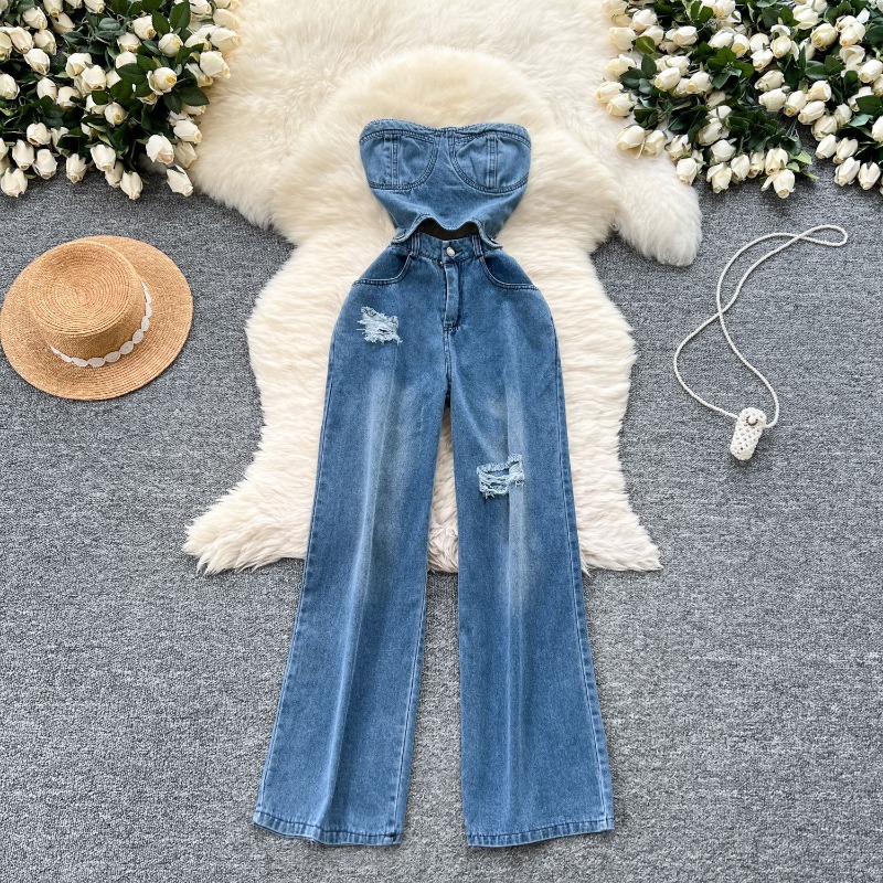 Street Fashion Jeans Women - จั๊มสูทเดนิมผู้หญิงแบบชิ้นเดียว สายเดี่ยว ไร้แขน กางเกงขายาว เอวสูง รอมเปอร์