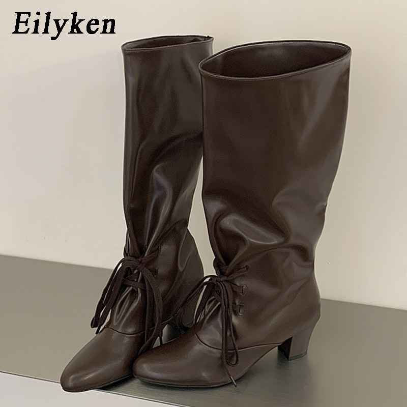 Street Fashion Lady - รองเท้าบูทแฟชั่นฤดูหนาวสำหรับผู้หญิง Eilyken แบบผูกเชือก ความยาวถึงเข่า สไตล์โมเดิร์น หัวกลม