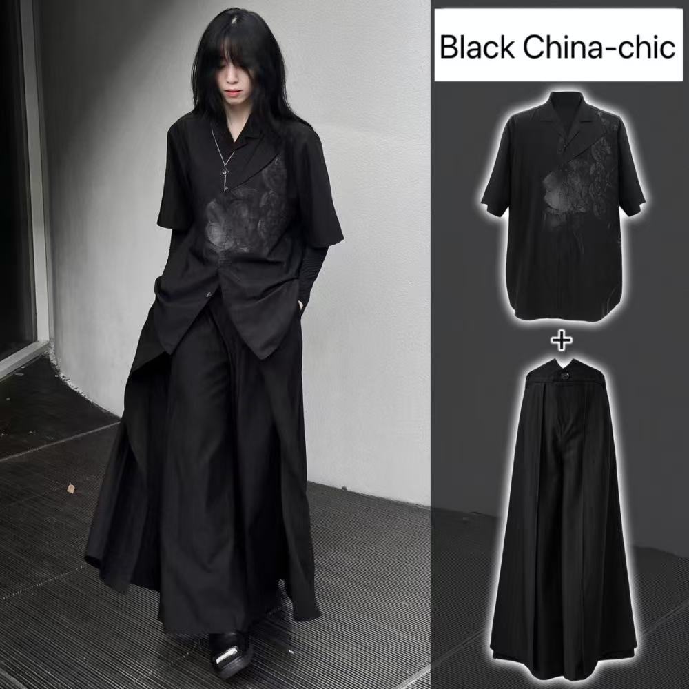 Street Fashion In Chinese - Cool สีดําใหม่สไตล์จีนเครื่องแต่งกายฤดูร้อนแขนสั้นเสื้อ Bisex Casual Street ชุด