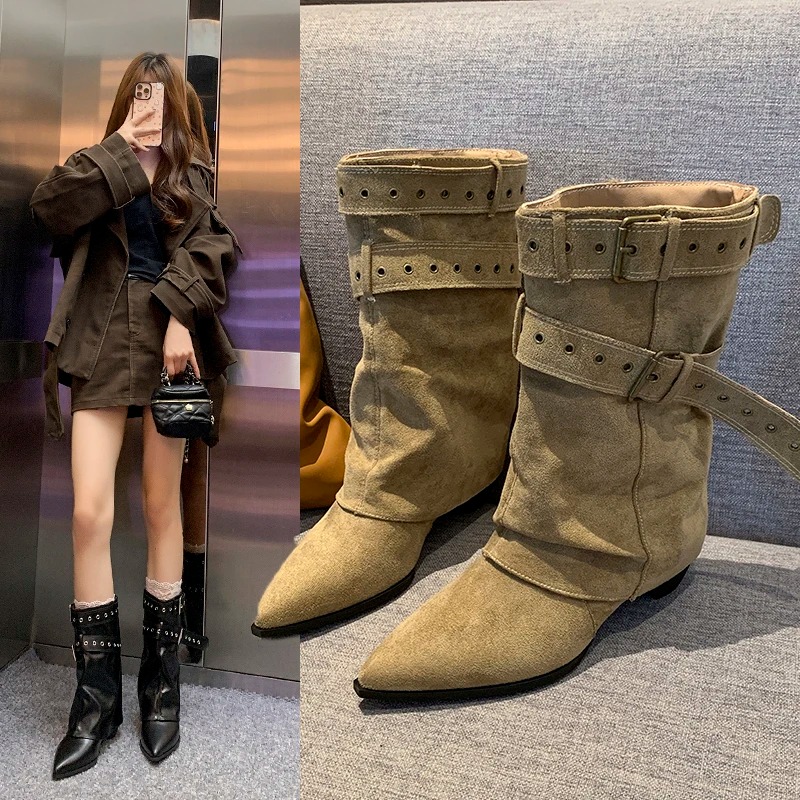 Street Fashion Winter 2025 - รองเท้าบูทผู้หญิงหัวแหลมแบบมีส้นกลาง ดีไซน์หรูหรา แฟชั่นใหม่ ปี 2025 สไตล์โกธิค