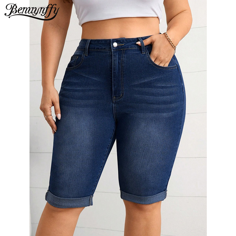 Street Fashion Jeans Women - กางเกงยีนส์ทรงดินสอเอวกลางแบบวินเทจ แบรนด์ Benuynffy ไซส์พลัส สำหรับผู้หญิง รุ่นซัมเมอร์