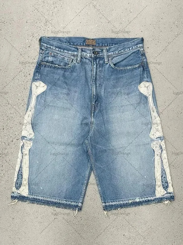 Street Fashion Jeans Women - กางเกงยีนส์ขาสั้นสไตล์วินเทจ Deeptown Y2k ฮาราจูกุ สำหรับผู้หญิง ลวดลายปักตัวอักษร