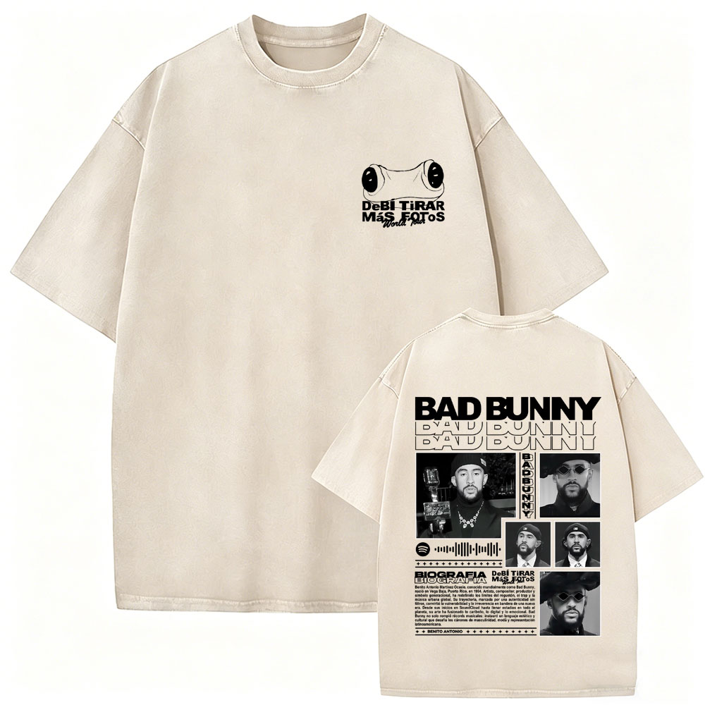 Foto Street Fashion - เสื้อยืดแร็ปเปอร์ Bad Bunny ลายวินเทจแบบฟอกสี Debi Tirar