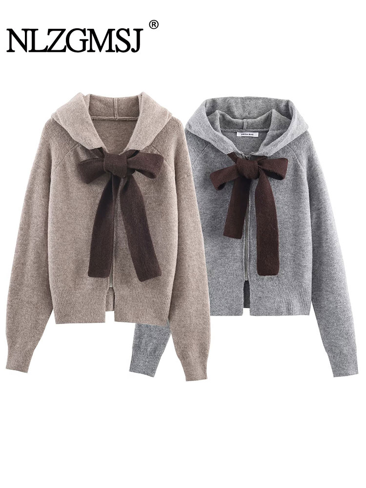 Street Fashion Winter 2025 - เสื้อแจ็คเก็ตผู้หญิงถักนิตติ้งประดับโบว์ แขนยาว มีซิป ฮู้ด สไตล์ไฮสตรีท รุ่นใหม่