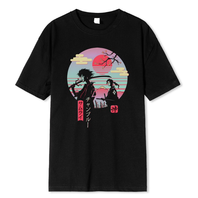 Street Fashion Walking - เสื้อยืดพิมพ์ลายซามูไรญี่ปุ่น 2 คนเดินกลับบ้าน สไตล์ฮิปฮอป แฟชั่นสตรีท สำหรับผู้ชาย