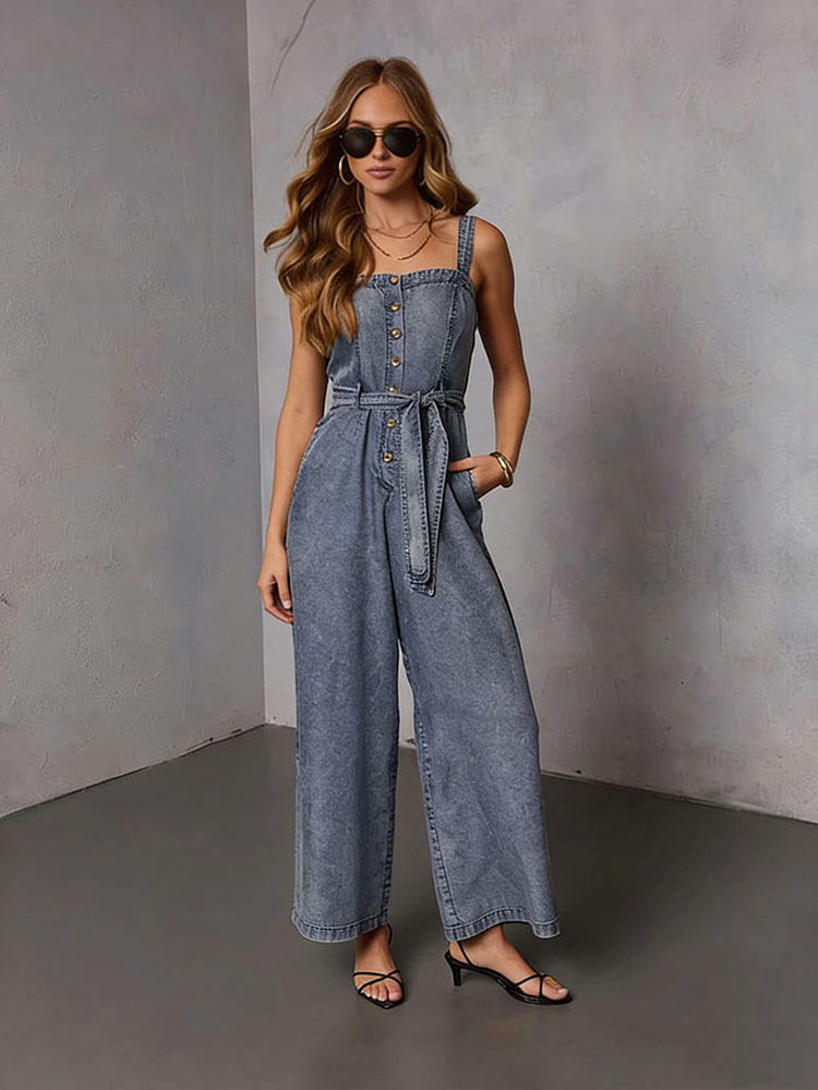 Street Fashion Jeans Women - จั๊มสูทเดนิมวินเทจสำหรับผู้หญิง ฤดูร้อน 2026 ใหม่ สไตล์ลำลอง แต่งเชือกผูก