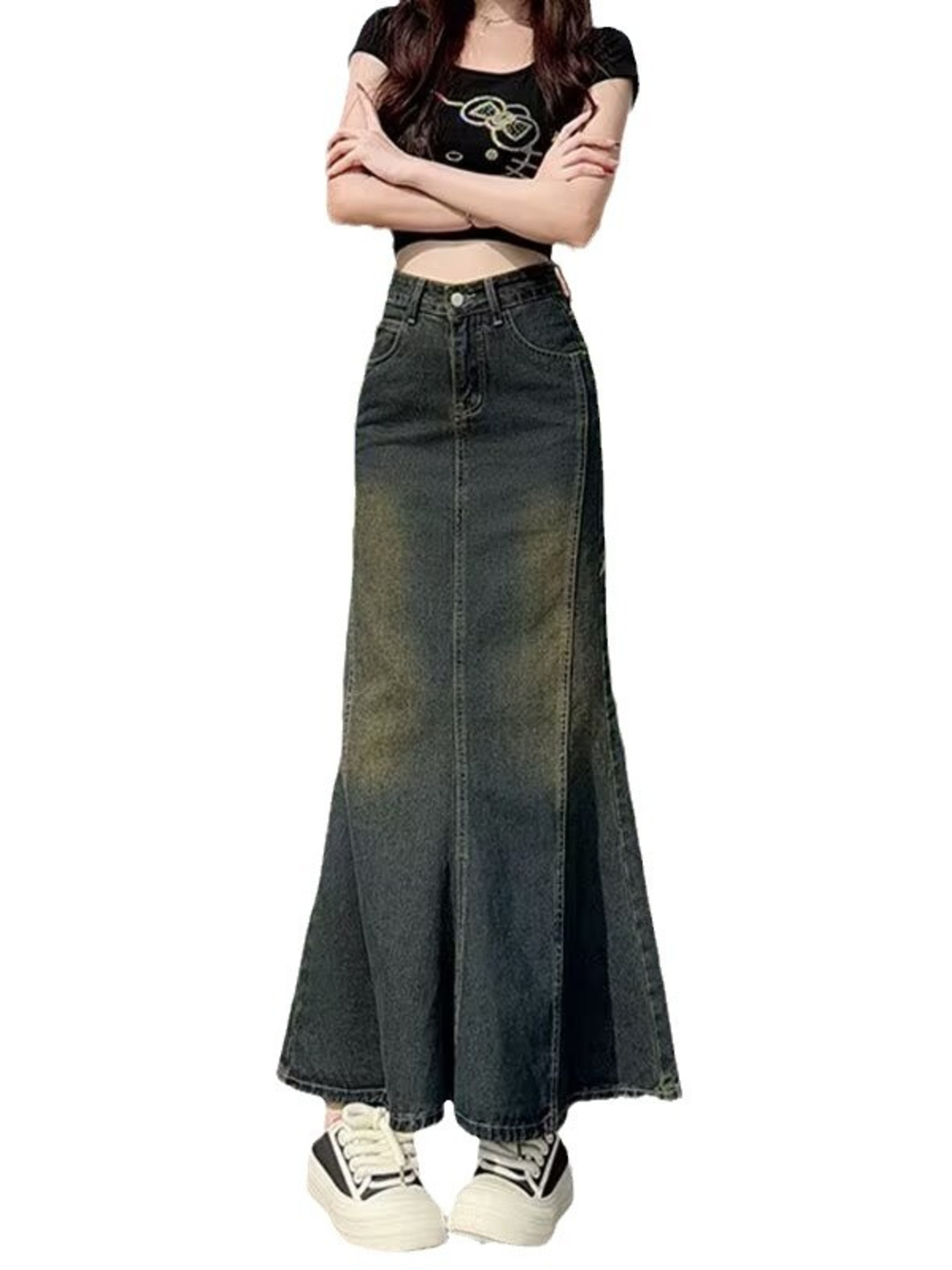 Street Fashion Jeans Women - กระโปรงยีนส์ทรงเมอร์เมดวินเทจสำหรับผู้หญิง เอวสูง ไล่เฉดสี ปลายกระโปรงทรงหางปลา สีดำเทา