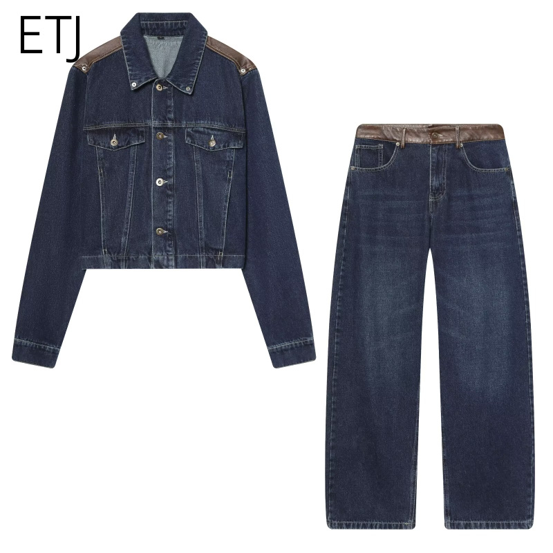 Street Fashion Jeans Women - ชุดแจ็คเก็ตยีนส์และกางเกงยีนส์ผู้หญิง ETJ แต่งหนังแบบครอป ทรงโอเวอร์ไซส์ กางเกงขายาวทรงกว้าง แฟชั่นปี