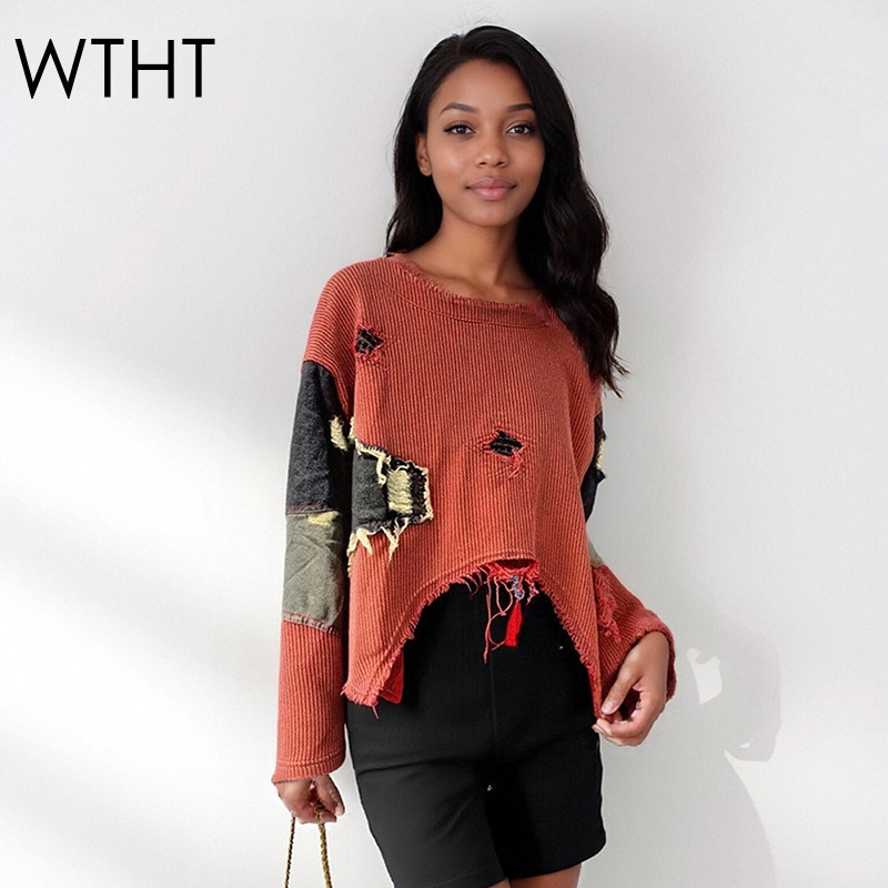 Street Fashion Winter 2025 - เสื้อสเวตเตอร์แฟชั่นผู้หญิง WTHT รุ่นใหม่ ดีไซน์ต่อผ้าแบบไม่สมมาตร ทรงหลวม รุ่นปี