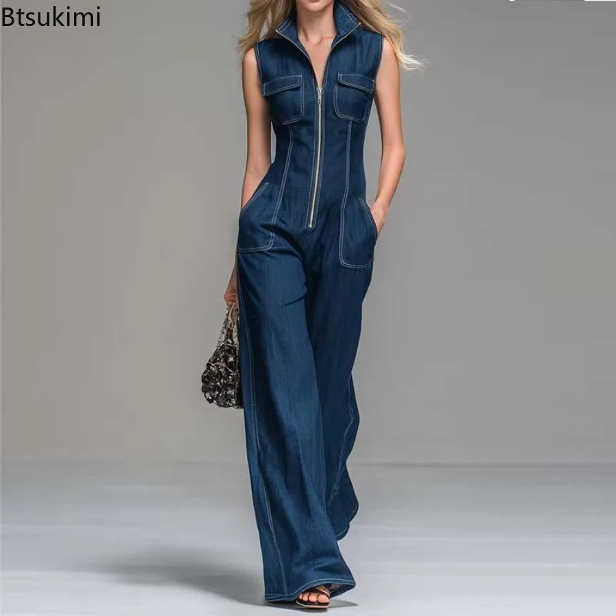 Street Fashion Jeans Women - จั๊มสูทเดนิมแขนกุดสำหรับผู้หญิงเอวสูงทรงขากว้างแบบคาร์โก้ มีซิปด้านหน้า สไตล์ลำลองสำหรับใส่ทำงานหรือใส่เที่ยวช่วงฤดูร้อน