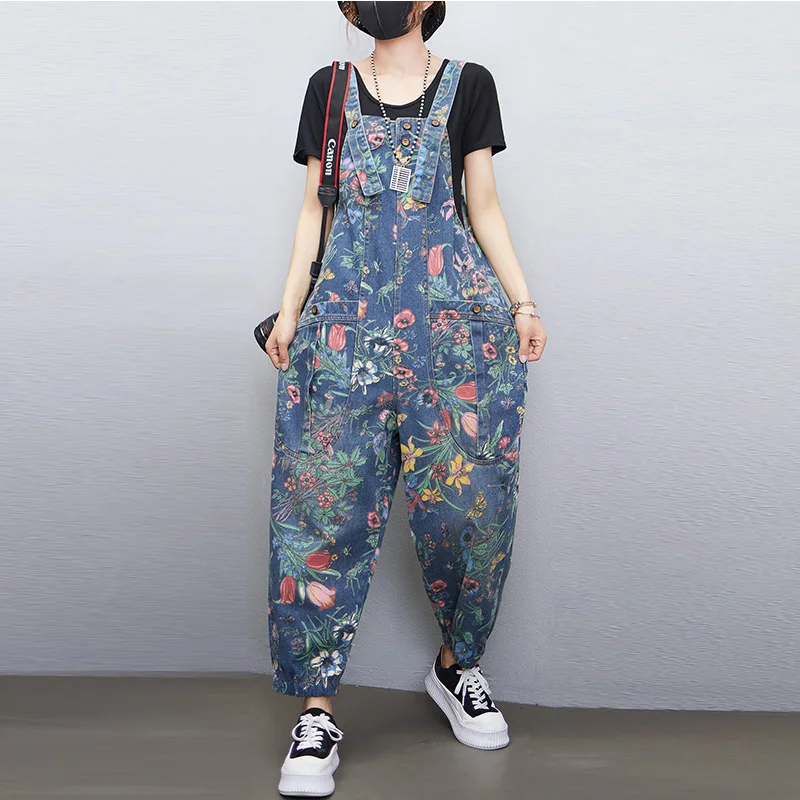 Street Fashion Jeans Women - Casual Streetwear พิมพ์ดอกไม้ DENIM Jumpsuit ผู้หญิงหลวม