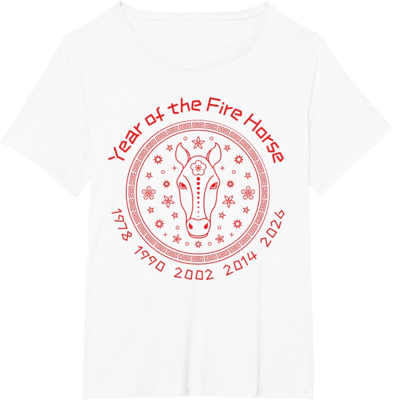 Street Fashion In Chinese - เสื้อยืดคอกลมแขนสั้นผ้าฝ้ายลายม้าไฟปีใหม่จีน 2026 แฟชั่นสตรีททุกฤดูกาล เสื้อยืดใส่สบาย