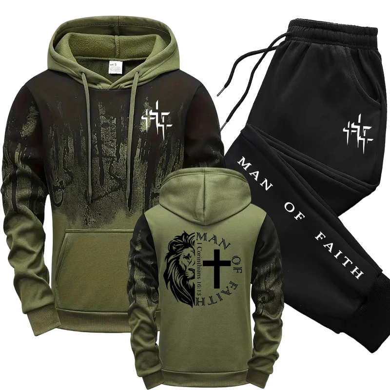 Street Fashion Art - ชุดเซ็ตผู้ชายลาย Man of Faith เสื้อฮู้ดและกางเกงวอร์มสีดำ สำหรับฤดูใบไม้ร่วงและฤดูหนาว