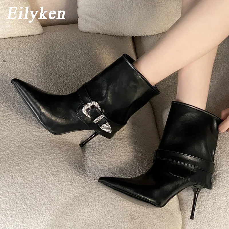 Street Fashion Lady - Eilyken CRYSTAL เข็มขัดคาดเอวผู้หญิงรองเท้าบูทหุ้มข้อแฟชั่นสไตล์สตรีทส้นสูงบาง ๆ ปลายแหลมรองเท้าสตรี
