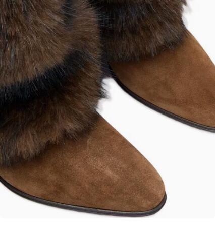 Street Fashion Winter - รองเท้าบูทสูงถึงเข่าสำหรับผู้หญิง ทำจากหนังกลับสีน้ำตาล ขนนุ่ม ปลายแหลม ส้นสูง 6