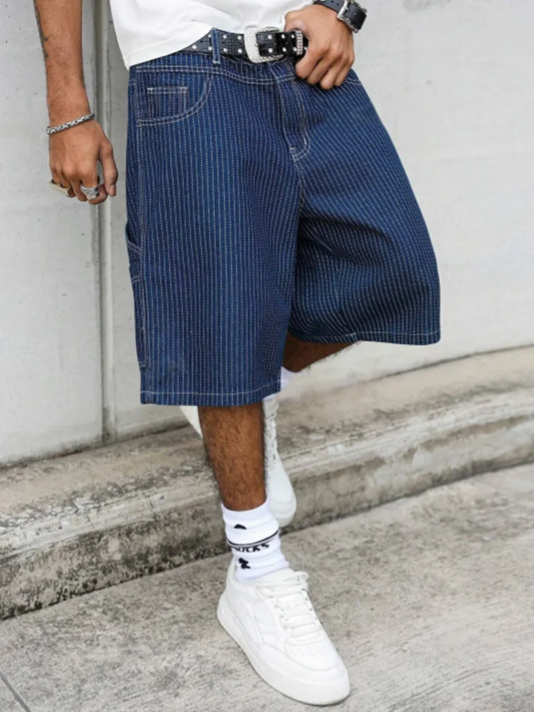 Street Fashion Art - กางเกงยีนส์ขาสั้นทรงหลวมลายฮิคโครี่สไตล์วินเทจสำหรับผู้ชาย, กางเกงขาสั้น 5 นิ้วสไตล์ Amekaji, สตรีทแวร์สำหรับฤดูร้อน
