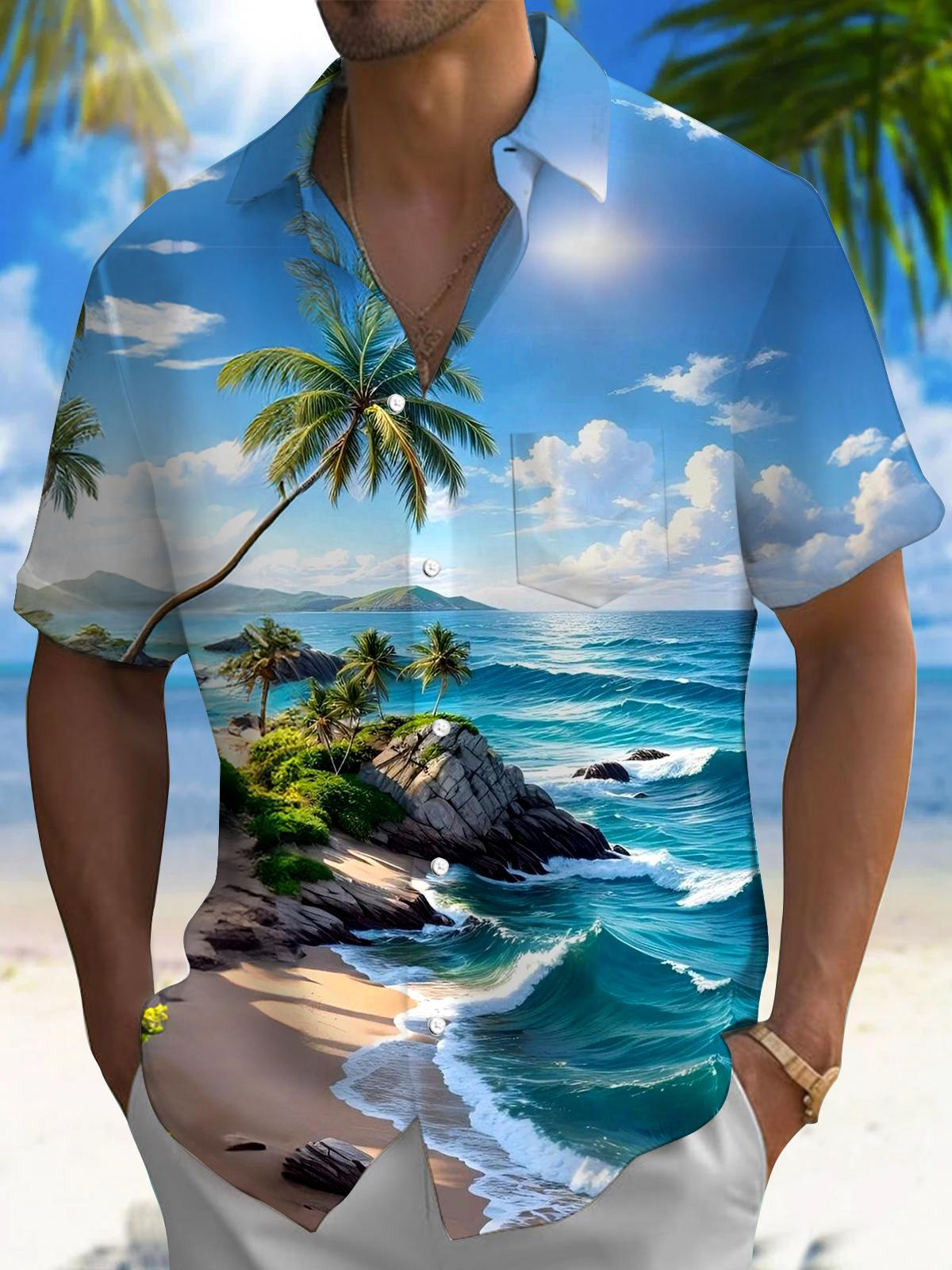 Street Fashion Walking - เสื้อเชิ้ตแขนสั้นพิมพ์ลายฮาวาย สไตล์ลำลอง สำหรับเที่ยวทะเล ฤดูใบไม้ผลิ/ฤดูร้อน รุ่นใหม่ กระดุมติดเต็มตัว