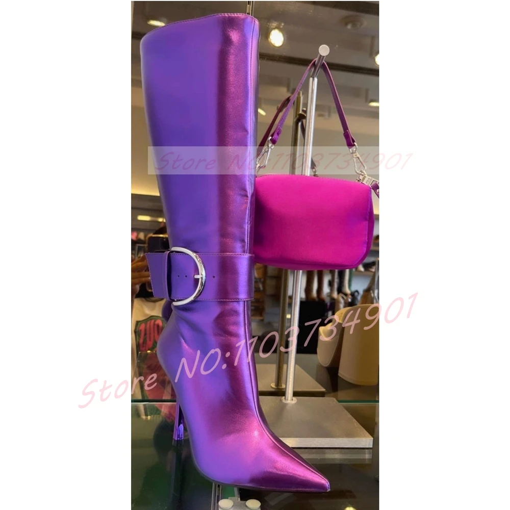 รองเท้าบูทสีม่วงเงาแบบรัดข้อเท - Street Fashion Lady บทวิจารณ์และราคา