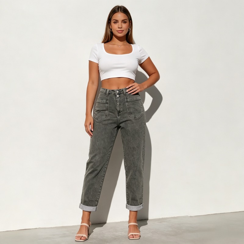 กางเกงยีนส์ทรงบานสไตล์อเมริกัน - Street Fashion Jeans Women บทวิจารณ์และราคา
