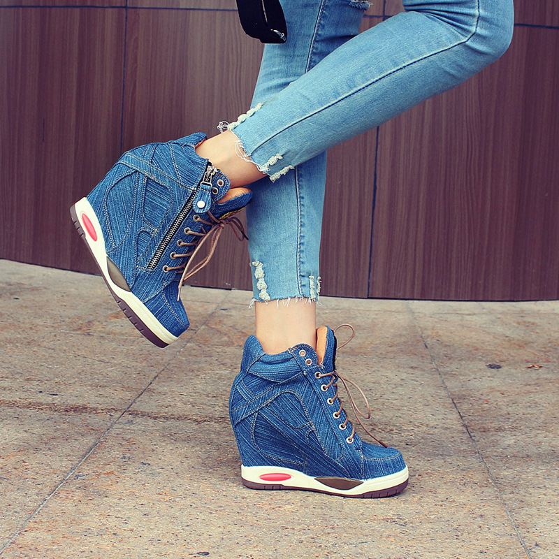 รองเท้าบูทเดนิมเพิ่มความสูง 9  - Street Fashion Lady บทวิจารณ์และราคา