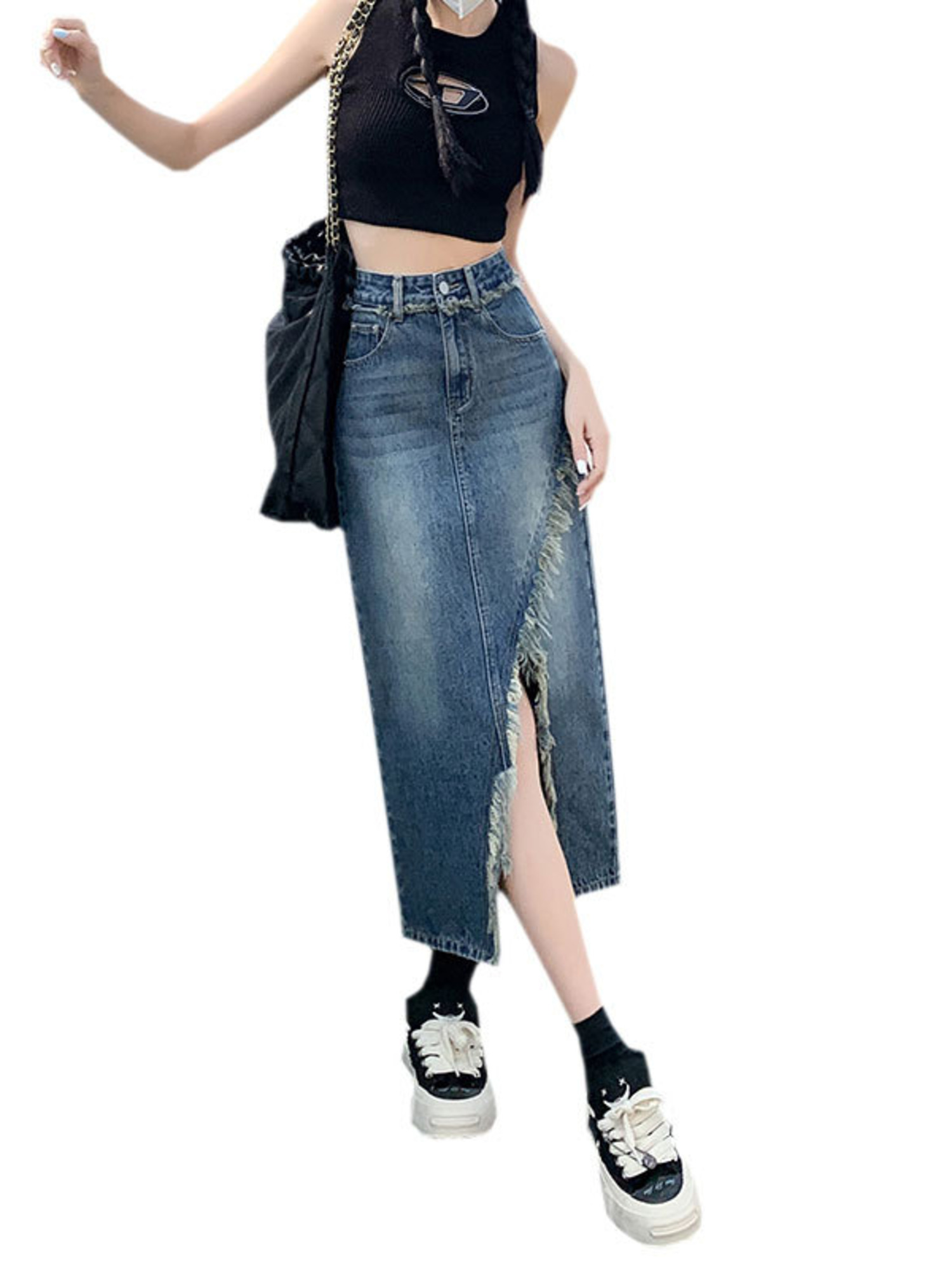กระโปรงยีนส์เอวสูงทรงเอ สไตล์ว - Street Fashion Jeans Women บทวิจารณ์และราคา