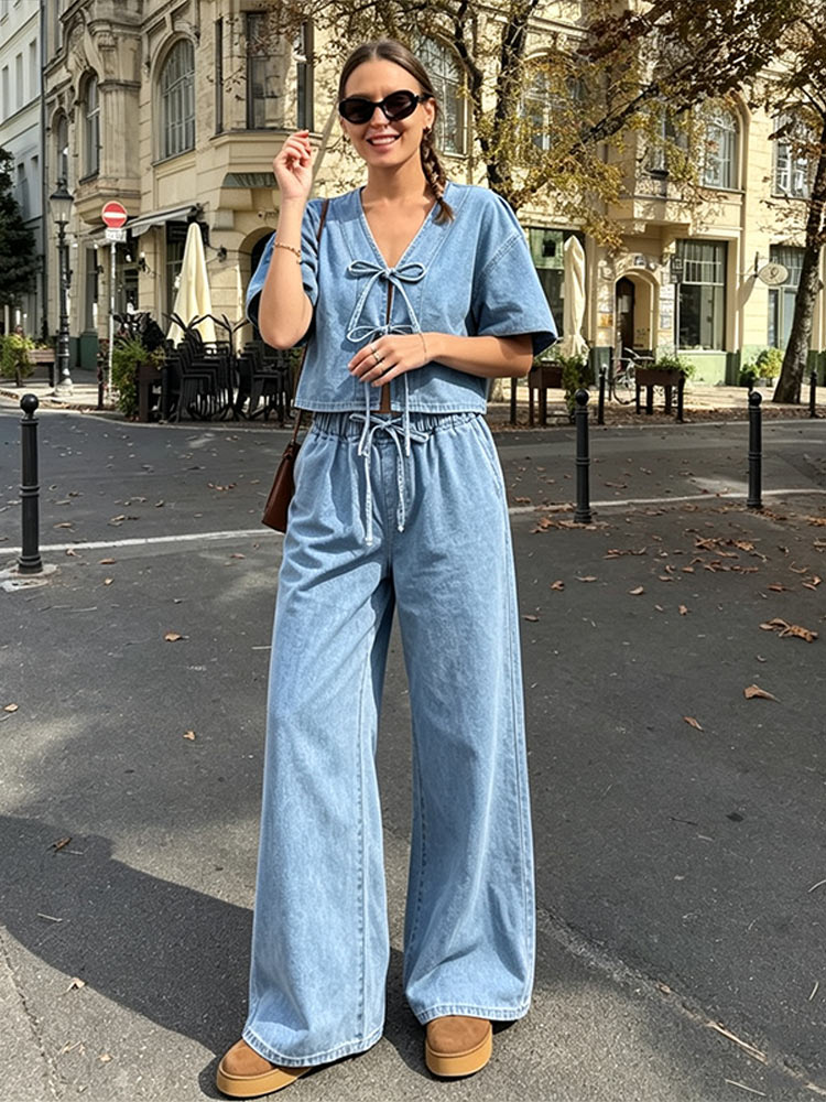 เสื้อเชิ้ตแขนสั้นคอวีผูกเชือกแ - Street Fashion Jeans Women บทวิจารณ์และราคา