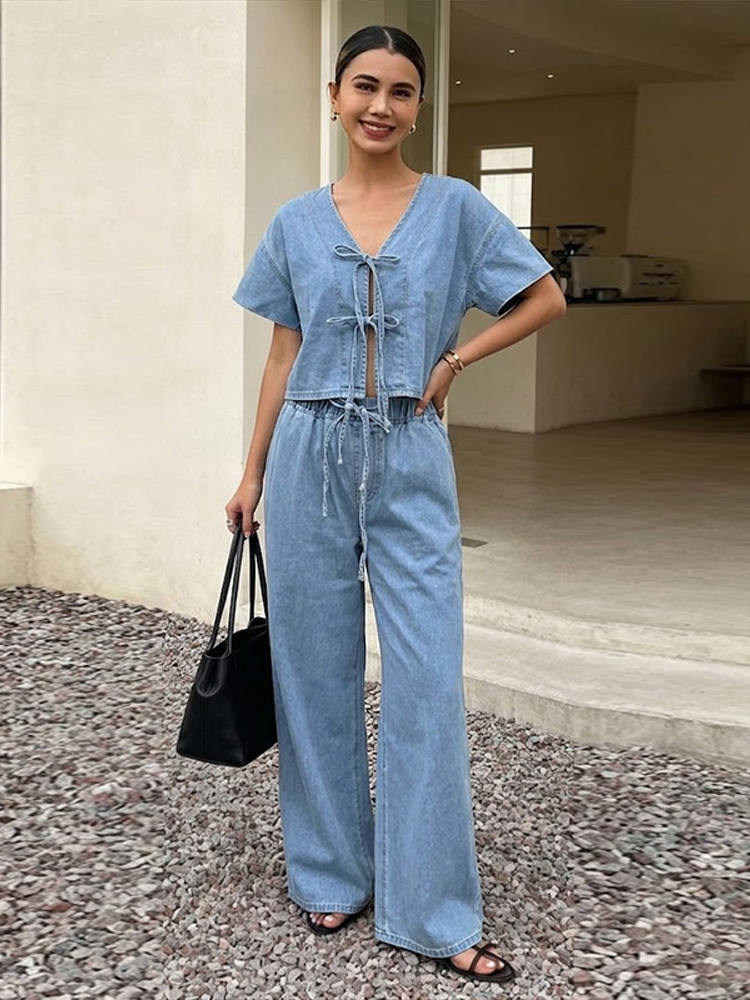 เสื้อเชิ้ตแขนสั้นคอวีผูกเชือกแ - Street Fashion Jeans Women บทวิจารณ์และราคา