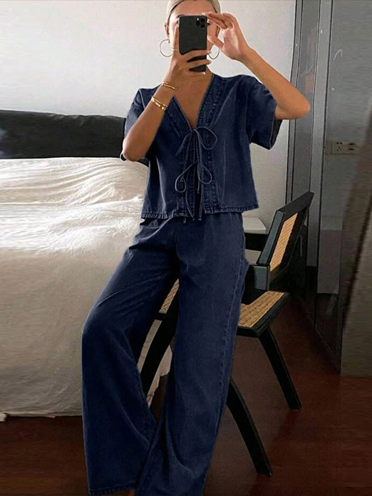 เสื้อเชิ้ตแขนสั้นคอวีผูกเชือกแ - Street Fashion Jeans Women บทวิจารณ์และราคา