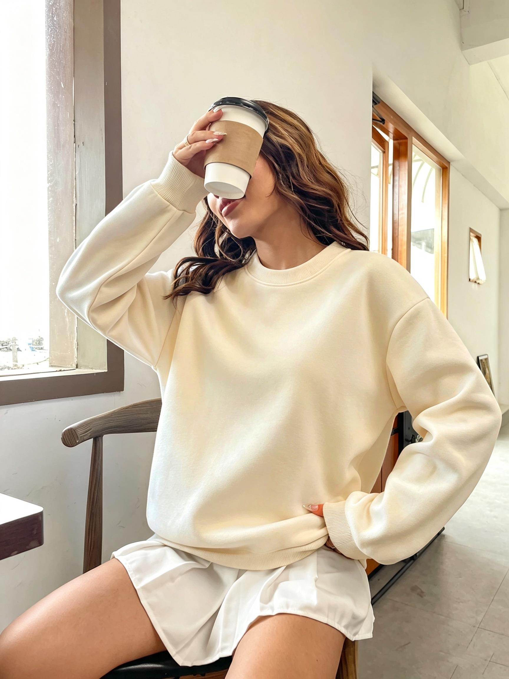 เสื้อสเวตเชิ้ตผู้หญิงทรงโอเวอร - Oversized Crewneck Fleece บทวิจารณ์และราคา